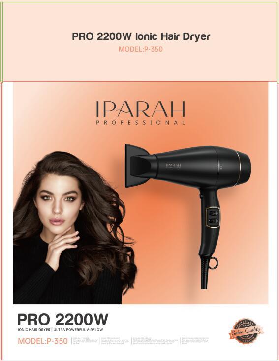 مو خشک‌کن حرفه‌ای | ۲۲۰۰ وات، فناوری یونی، ۳ دما، ۲ سرعت، هوای سرد | شامل شانه و متمرکز کننده