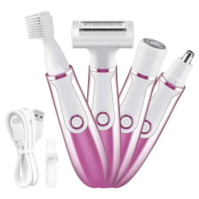 ماشین اصلاح برقی چهارکاره بانوان – قابل شارژ، چندکاره برای پاها، دست‌ها، زیر بغل، ناحیه بیکینی، موهای تناسلی و صورت – هدیهٔ عالی برای تولد