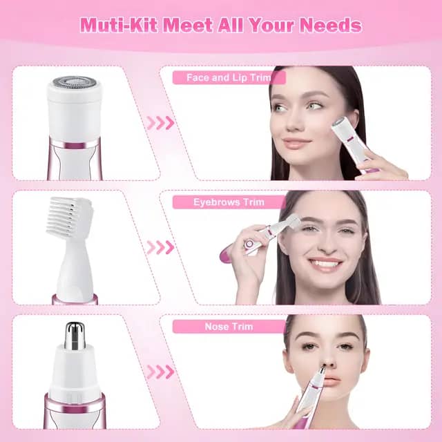 ماشین اصلاح برقی چهارکاره بانوان – قابل شارژ، چندکاره برای پاها، دست‌ها، زیر بغل، ناحیه بیکینی، موهای تناسلی و صورت – هدیهٔ عالی برای تولد