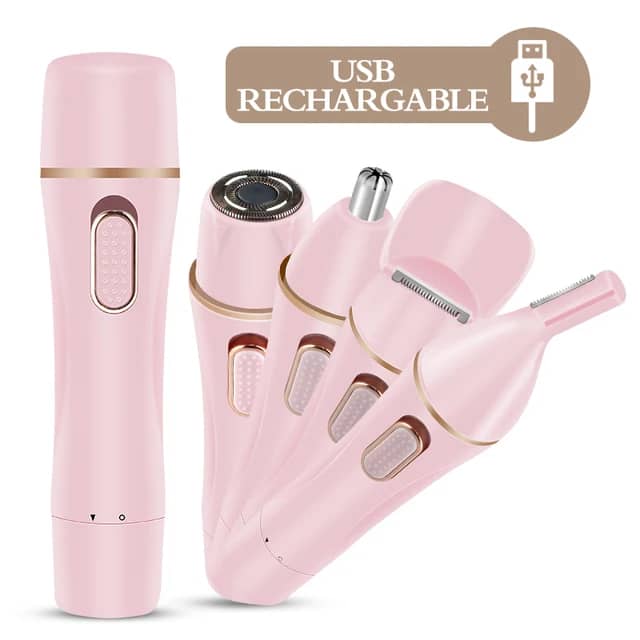 ماشین اصلاح برقی چهارکاره بانوان – حذف مو، شارژ با یو‌اس‌بی، شانهٔ بینی و ابرو، قابل حمل