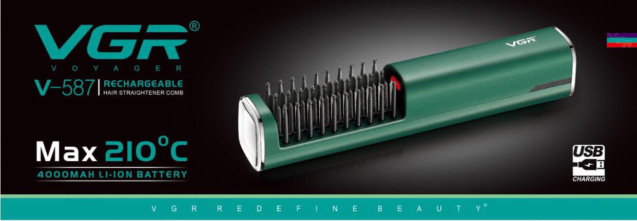 شانه صاف‌کننده مو قابل شارژ  – پوشش سرامیکی، دو تنظیم دما، زمان استفاده تا ۴۵ دقیقه (سبز دریایی)