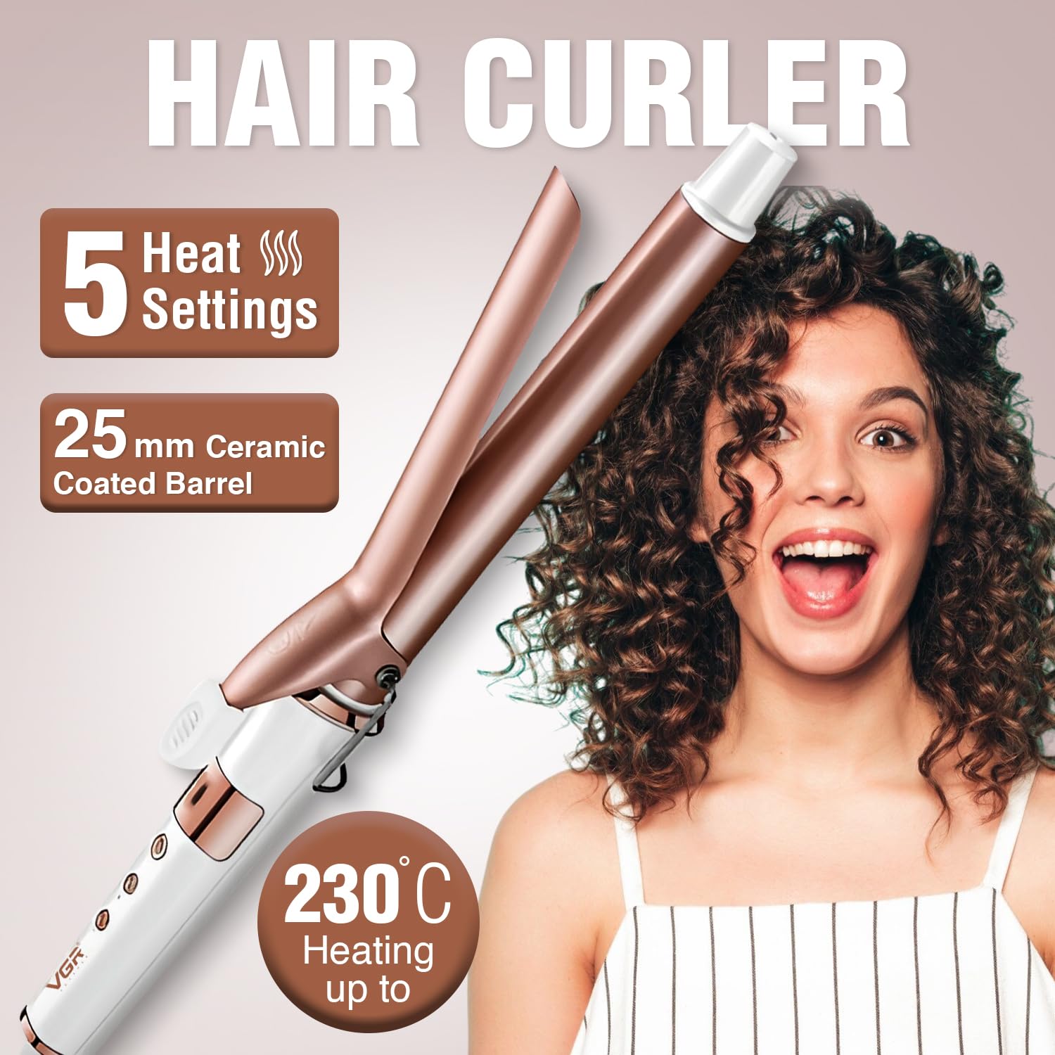 دستگاه فر موی حرفه‌ای برقی – فرکننده سریع با لولهٔ سرامیکی ۲۵ میلی‌متری، حداکثر دمای ۲۳۰ درجه سانتی‌گراد، قابل تنظیم  (سفید و رزگلد)