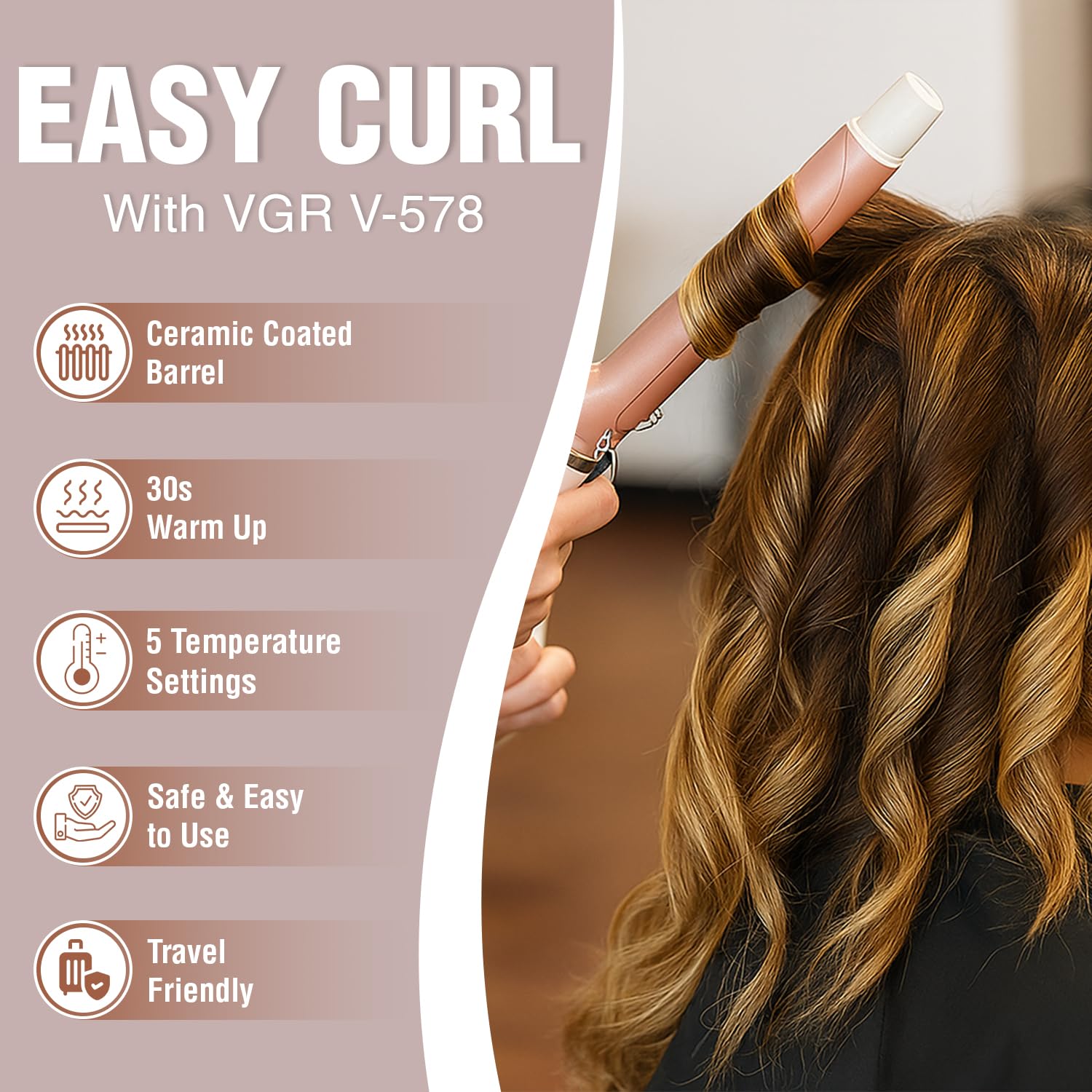 دستگاه فر موی حرفه‌ای برقی – فرکننده سریع با لولهٔ سرامیکی ۲۵ میلی‌متری، حداکثر دمای ۲۳۰ درجه سانتی‌گراد، قابل تنظیم  (سفید و رزگلد)