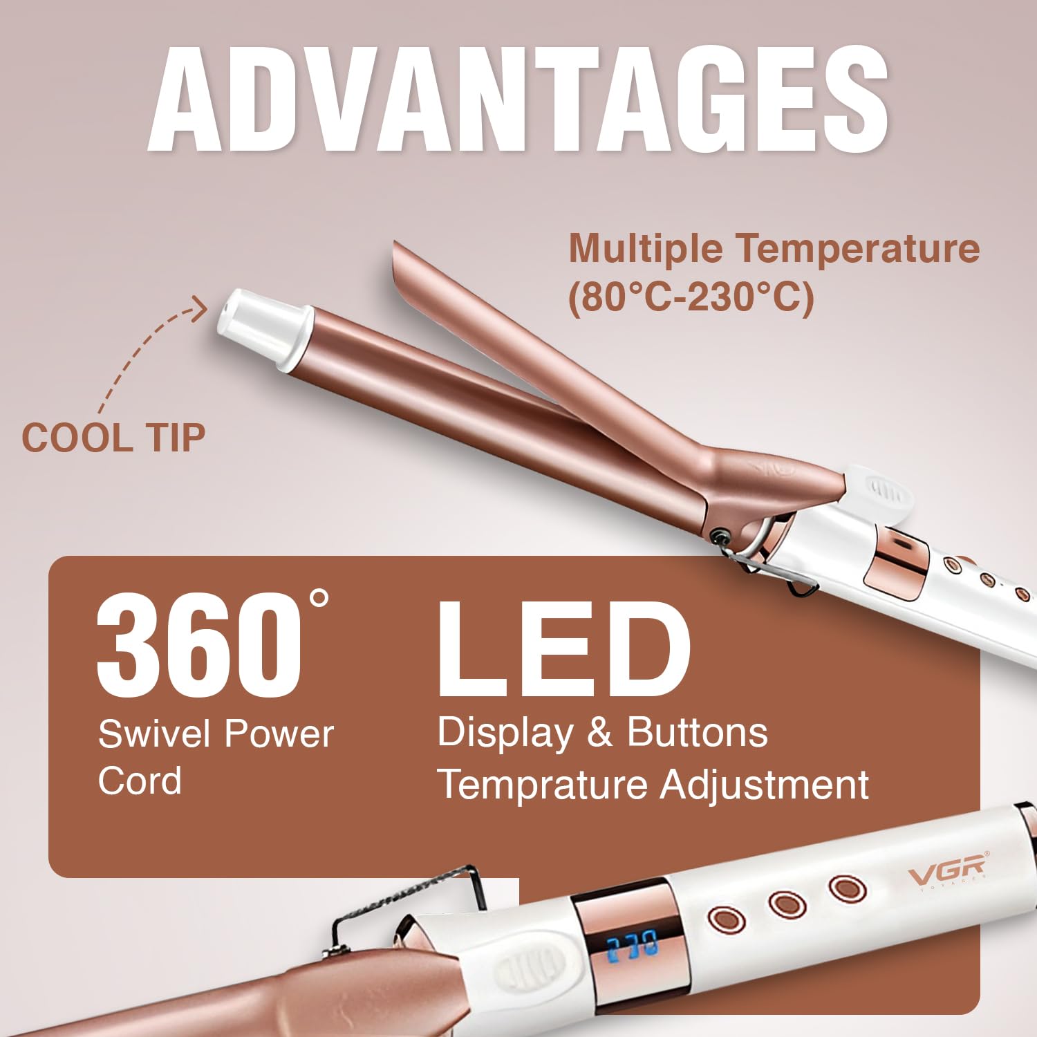 دستگاه فر موی حرفه‌ای برقی – فرکننده سریع با لولهٔ سرامیکی ۲۵ میلی‌متری، حداکثر دمای ۲۳۰ درجه سانتی‌گراد، قابل تنظیم  (سفید و رزگلد)