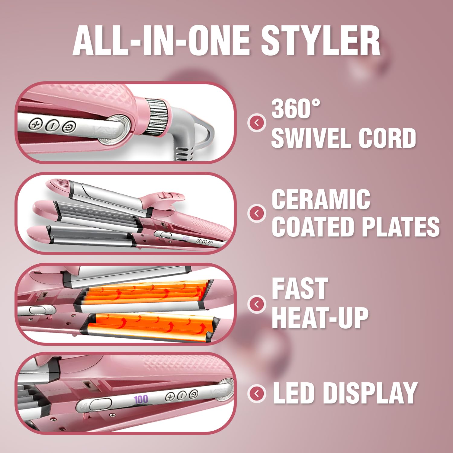 دستگاه زیبایی مو حرفه‌ای ۴ در  ۱– صاف‌کن، فرکننده، موج‌زن و موپیچ، مناسب سالن و منزل