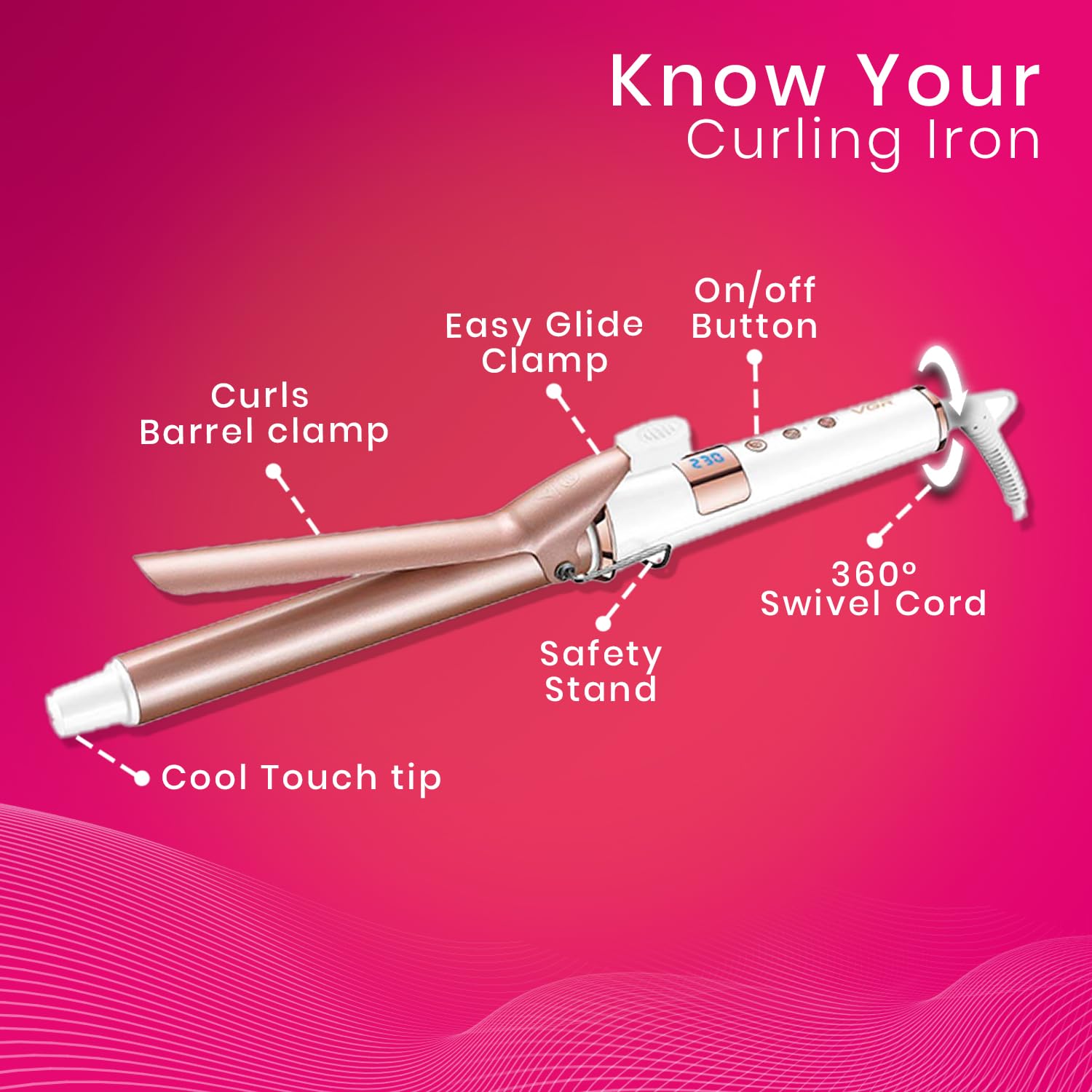 دستگاه فر موی حرفه‌ای برقی – فرکننده سریع با لولهٔ سرامیکی ۲۵ میلی‌متری، حداکثر دمای ۲۳۰ درجه سانتی‌گراد، قابل تنظیم  (سفید و رزگلد)