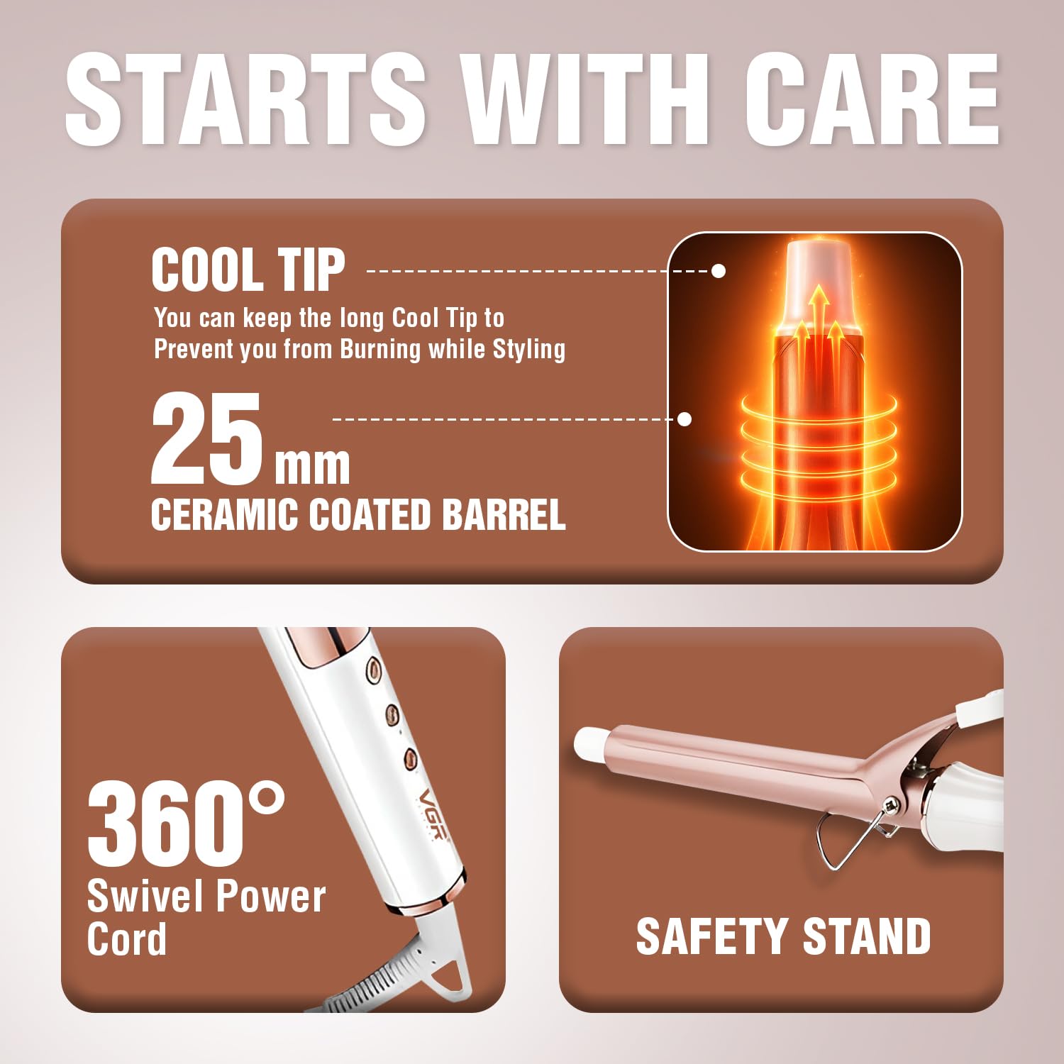 دستگاه فر موی حرفه‌ای برقی – فرکننده سریع با لولهٔ سرامیکی ۲۵ میلی‌متری، حداکثر دمای ۲۳۰ درجه سانتی‌گراد، قابل تنظیم  (سفید و رزگلد)