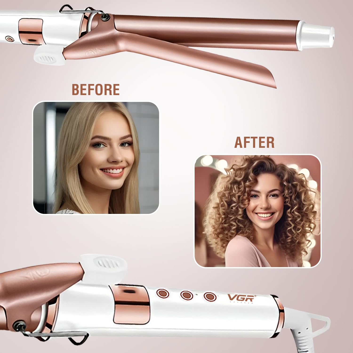 دستگاه فر موی حرفه‌ای برقی – فرکننده سریع با لولهٔ سرامیکی ۲۵ میلی‌متری، حداکثر دمای ۲۳۰ درجه سانتی‌گراد، قابل تنظیم  (سفید و رزگلد)