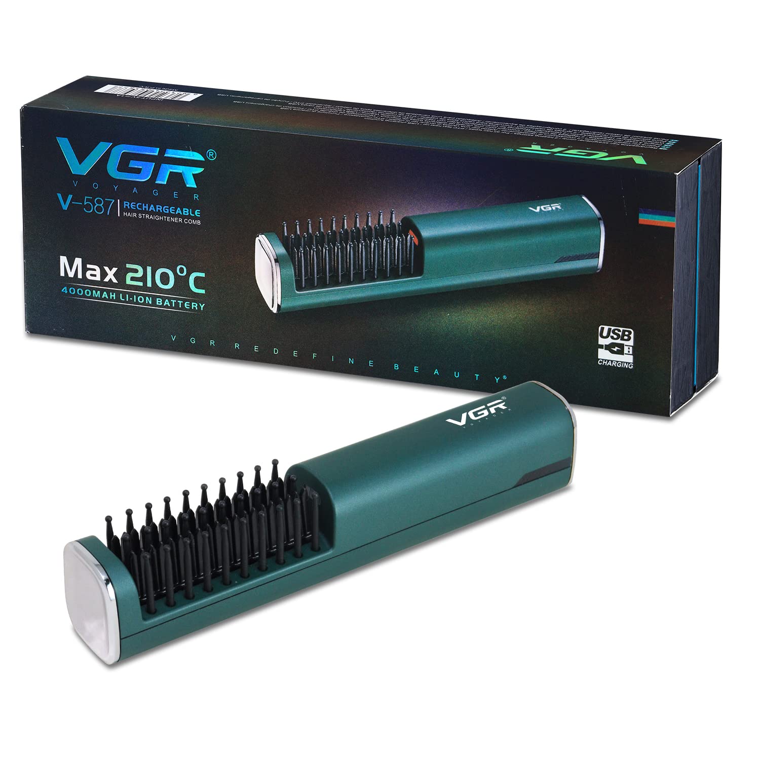 شانه صاف‌کننده مو قابل شارژ  – پوشش سرامیکی، دو تنظیم دما، زمان استفاده تا ۴۵ دقیقه (سبز دریایی)