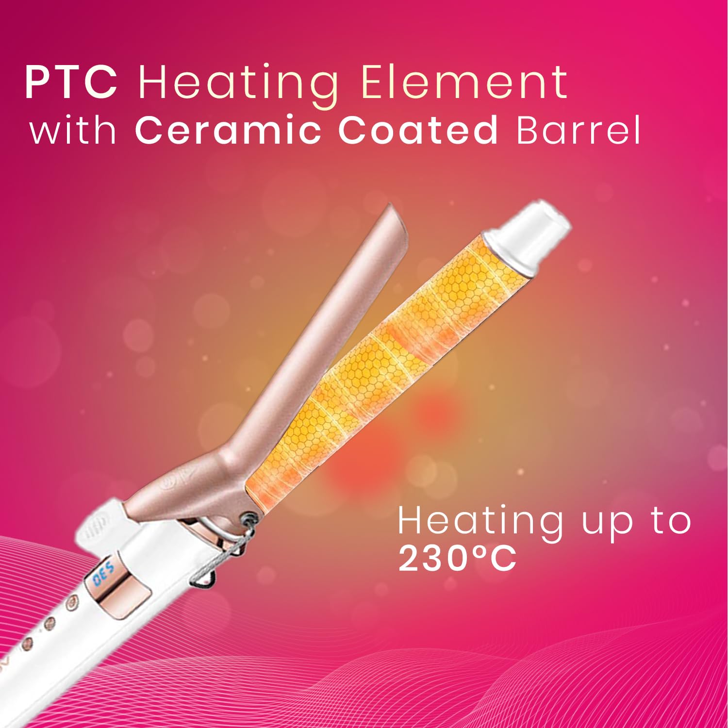 دستگاه فر موی حرفه‌ای برقی – فرکننده سریع با لولهٔ سرامیکی ۲۵ میلی‌متری، حداکثر دمای ۲۳۰ درجه سانتی‌گراد، قابل تنظیم  (سفید و رزگلد)