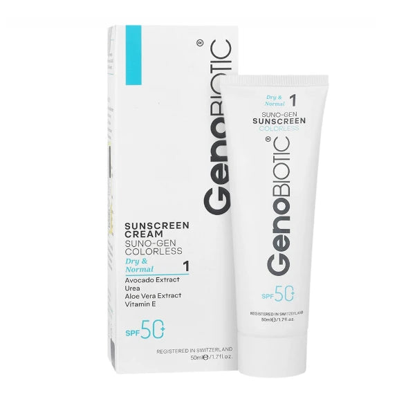 کرم ضد آفتاب بی‌رنگ ژنوبایوتیک اس پی اف 50 مدل 388 ‌مناسب پوست‌های خشک و نرمال حجم میلی‌لیتر