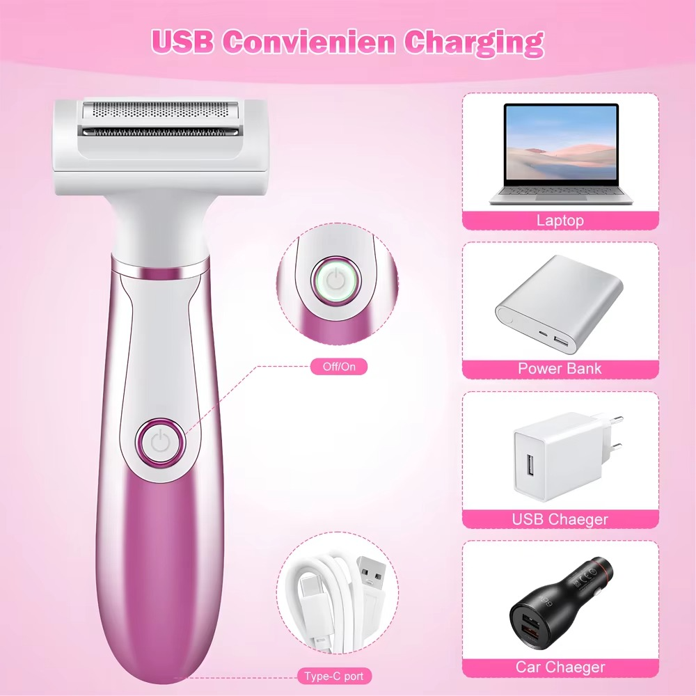 ماشین اصلاح برقی چهارکاره بانوان – قابل شارژ، چندکاره برای پاها، دست‌ها، زیر بغل، ناحیه بیکینی، موهای تناسلی و صورت – هدیهٔ عالی برای تولد