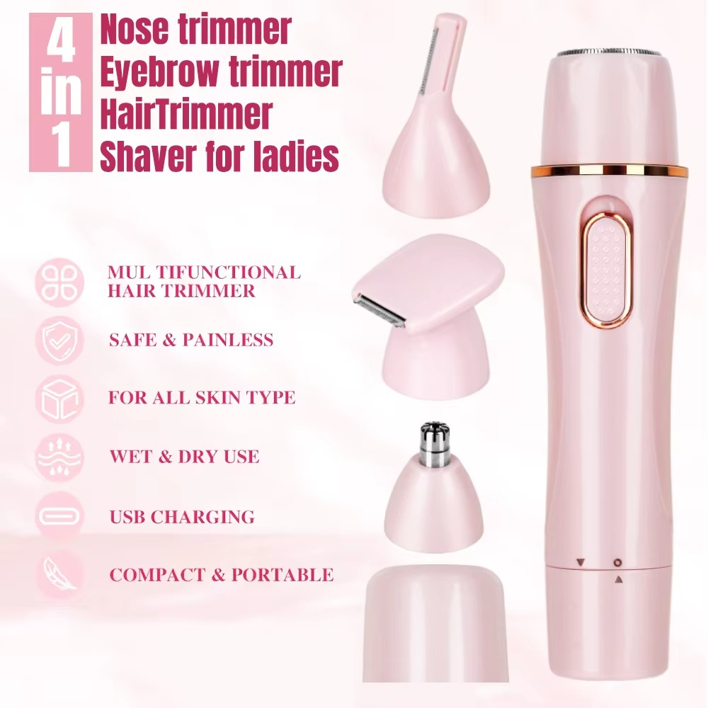 ماشین اصلاح برقی چهارکاره بانوان – حذف مو، شارژ با یو‌اس‌بی، شانهٔ بینی و ابرو، قابل حمل