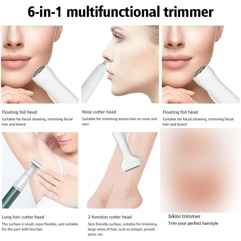 ماشین ۶ در ۱ چندکارهٔ بدون‌درد – اپیلاتور بدن، موبر بینی، ریش‌تراش، و اصلاح‌کننده ناحیه بیکینی برای خانم‌ها