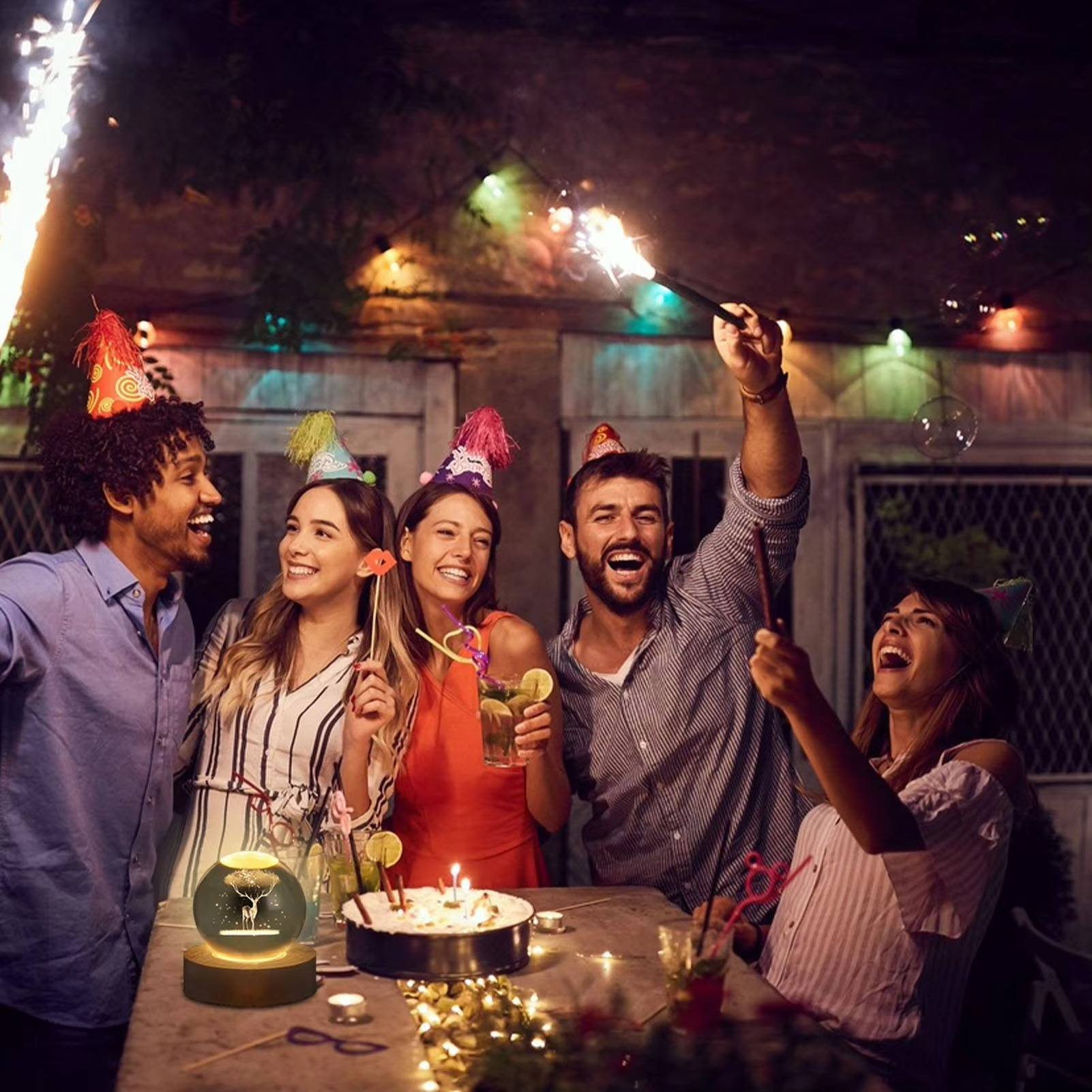 چراغ کریستالی سه‌بعدی با کهکشان و سیاره‌ها