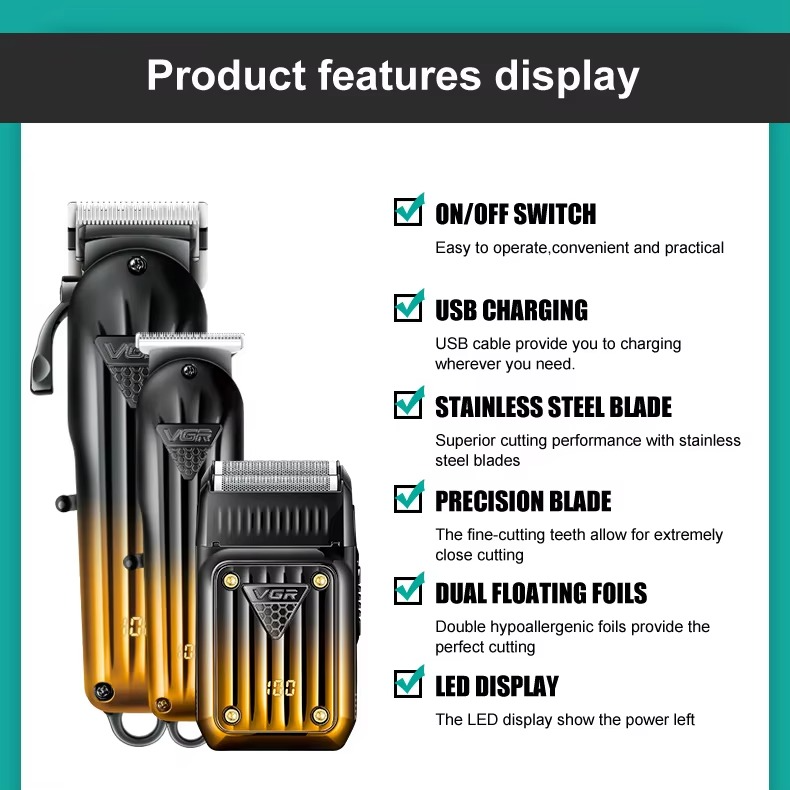 ماشین اصلاح مو و ریش برقی بی‌سیم حرفه‌ای | قابل شارژ | شامل ۳ قطعه | مناسب مردان