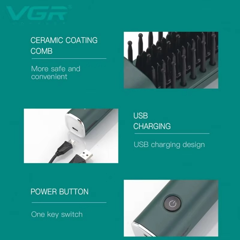 شانه صاف‌کننده مو قابل شارژ  – پوشش سرامیکی، دو تنظیم دما، زمان استفاده تا ۴۵ دقیقه (سبز دریایی)