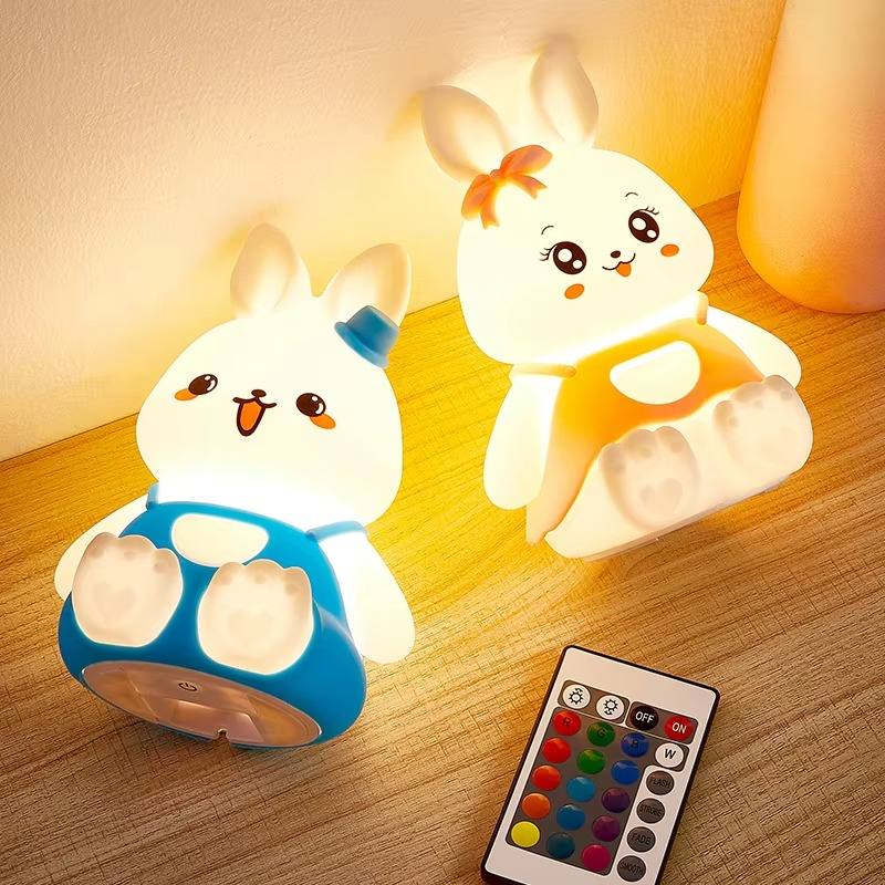 چراغ شبانه خرگوشی بامزه با هفت رنگ، ساخته شده از سیلیکون نرم – مناسب اتاق کودک با کنترل لمسی