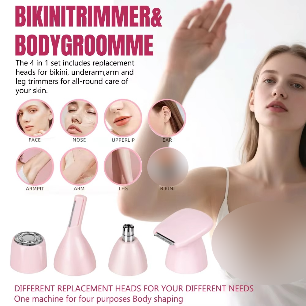 ماشین اصلاح برقی چهارکاره بانوان – حذف مو، شارژ با یو‌اس‌بی، شانهٔ بینی و ابرو، قابل حمل