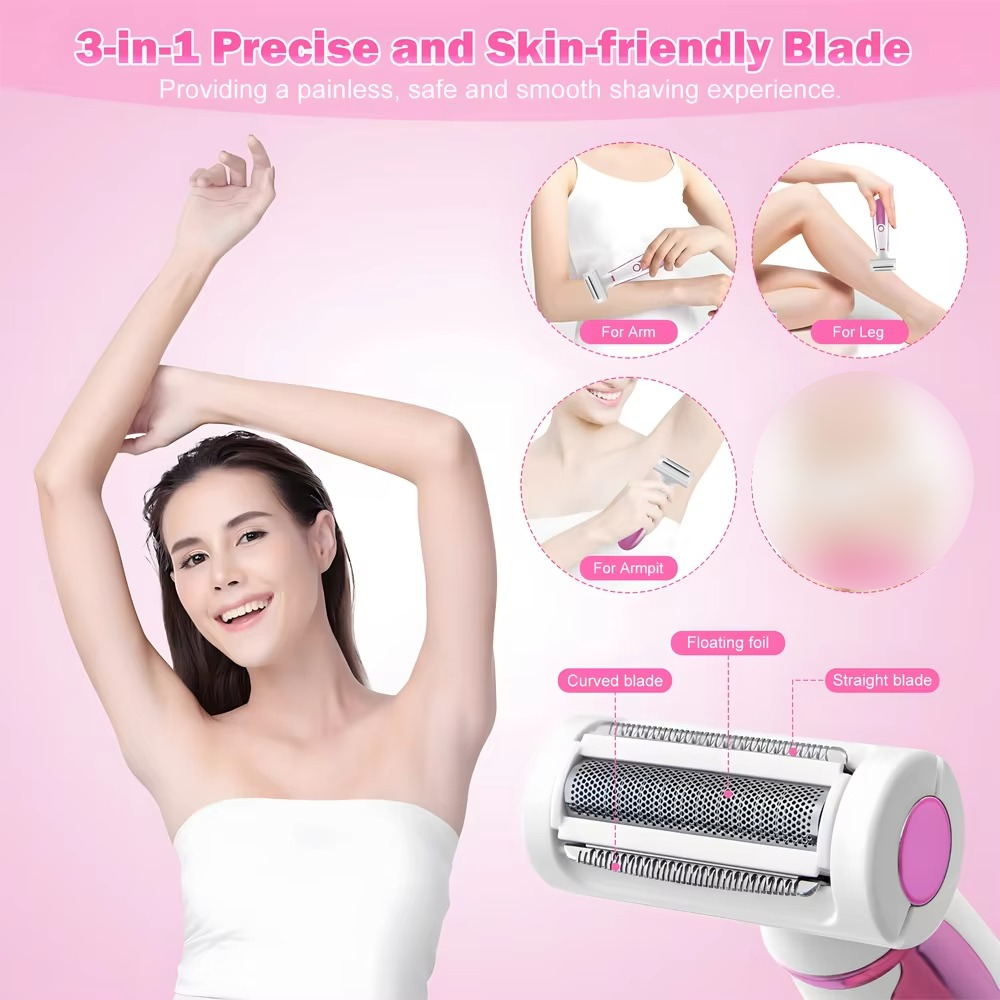 ماشین اصلاح برقی چهارکاره بانوان – قابل شارژ، چندکاره برای پاها، دست‌ها، زیر بغل، ناحیه بیکینی، موهای تناسلی و صورت – هدیهٔ عالی برای تولد