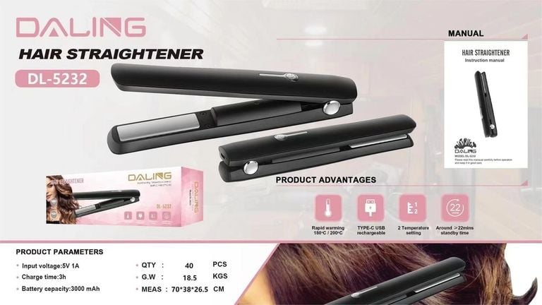 اتو موی قابل حمل بی‌سیم با شارژ تایپ سی ، کوچک و قابل شارژ، مناسب برای خانم‌ها و دختران